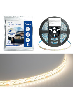 Светодиодная LED лента Feron LS512, 180SMD(2835)/м 16Вт/м 24V 5000*10*2.3мм 4000К IP65