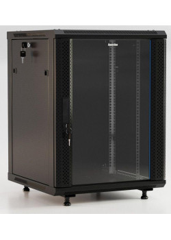 Шкаф настенный TWB-FC-1866-GP-RAL9004 19дюйм. 18U 908х600х600мм стекл. дверь с перфорацией по бокам ручка с замком с возмож. установки на ножки черн. (разобранный) Hyperline 395560