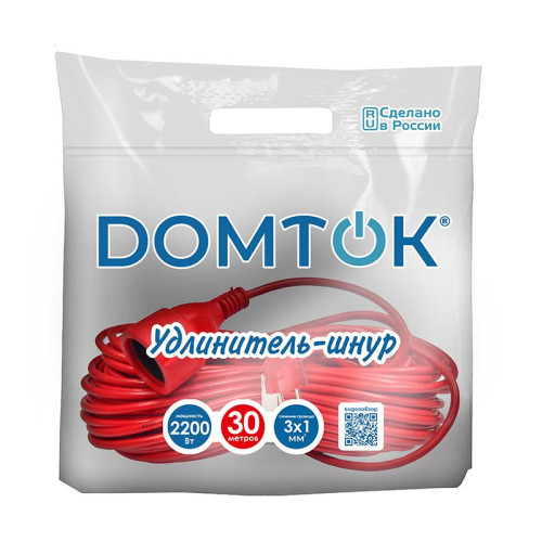Удлинитель-шнур 1х30м с заземл. 10А IP20 2.2кВт ПВС 3х1 DOMTOK 2494 Удлинитель-шнур 1х30м с заземл. 10А IP20 2.2кВт ПВС 3х1 DOMTOK 2494