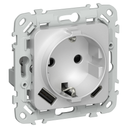 FLITE Розетка 1-местная с заземлением с защитными шторками 16А с USB A+C 20Вт безвинтовое крепление РСЮшс11-1-ФлА алюминий IEK