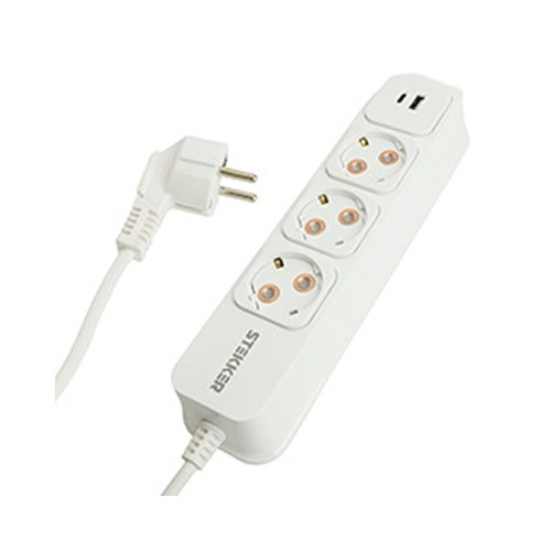 Удлинитель 3-местный с/з STEKKER HM20-31-03 3x1мм2, 3м, 250В, 16А, USB A+C, Click Tap, HM20-31-03, белый+глянцевый золотой