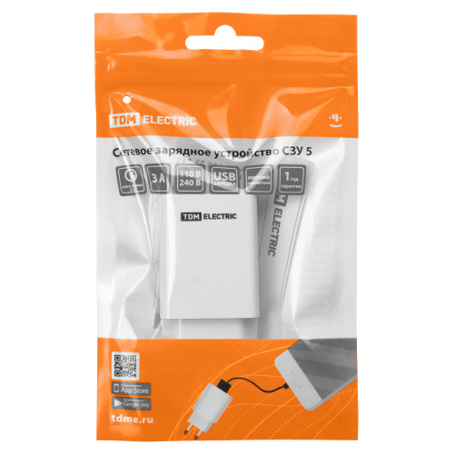 Сетевое зарядное устройство, СЗУ 5, Quick Charge 3.0, 3 А, 1 USB, белый, TDM