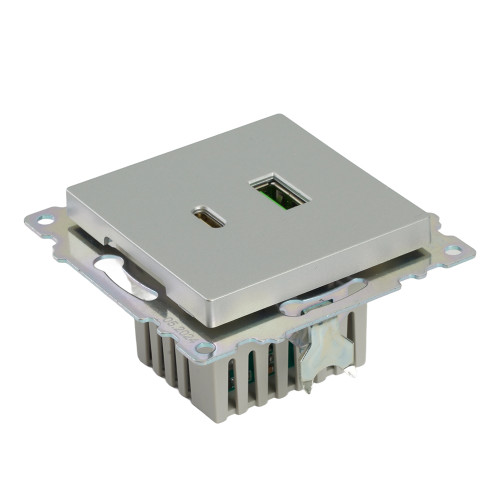 Розетка 2-местная USB + type C (механизм)), STEKKER GLS10-7116-03 , 250B, 3А, max 20W, серия Катрин, серебро