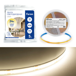 Светодиодная COB лента Feron LS530, 512SMD(2110) 12Вт/м 24V 5000*10*1.8мм 3000К IP20