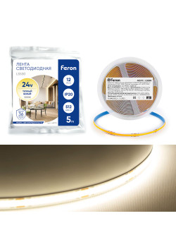 Светодиодная COB лента Feron LS530, 512SMD(2110) 12Вт/м 24V 5000*10*1.8мм 3000К IP20