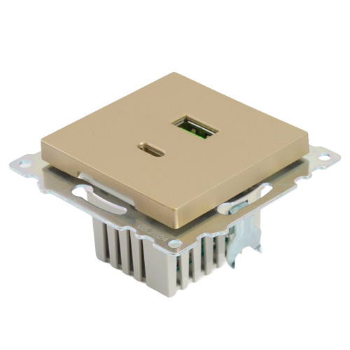 Розетка 2-местная USB + type C (механизм), 250В, 3А, max 20W, STEKKER, GLS10-7116-08, серия Катрин, золото Розетка 2-местная USB + type C (механизм), 250В, 3А, max 20W, STEKKER, GLS10-7116-08, серия Катрин, золото