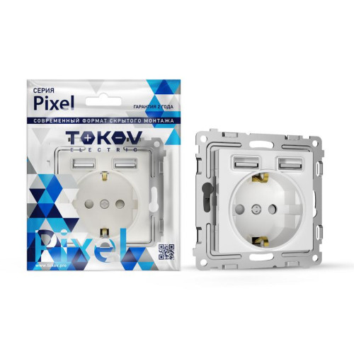 Розетка 1-м СП Pixel с заземл. с 2-мя заряд. устр. USB тип A+A IP20 механизм бел. TOKOV ELECTRIC TKE-PX-R1U2A-C01