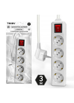 Удлинитель 4х3м с заземл. с выкл. 10А 3х1.5 TOKOV LIGHT TKL-C01-BU4-3-1.5-ZV