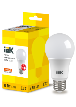 Лампа светодиодная ALFA A60 груша 8Вт 230В 3000К E27 (6шт) IEK