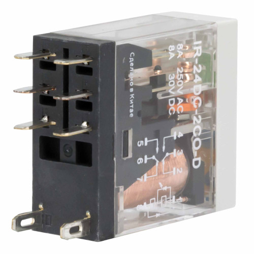 Реле миниатюрное промышленное, 2CO, ком. ток 8А, AgSnO2, напряжение 24V DC, опция: тест-кнопка+светодиод+защитный диод Реле миниатюрное промышленное, 2CO, ком. ток 8А, AgSnO2, напряжение 24V DC, опция: тест-кнопка+светодиод+защитный диод