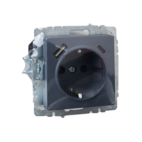 BRITE Розетка 1-местная с заземлением с защитными шторками 16А с USB A+C 18Вт РЮш11-1-БрМ маренго IEK