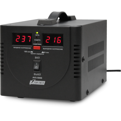 Стабилизатор POWERMAN AVS 500D, черный, ступенчатый регулятор, цифровые индикаторы уровней напряжения, 500ВА, 140-260В, максимальный входной ток 5А, 2 евророзетки, IP-20, напольный,  200мм х 150мм х 140мм, 2,3 кг./ Stabilizer POWERMAN AVS 500D, black, ste