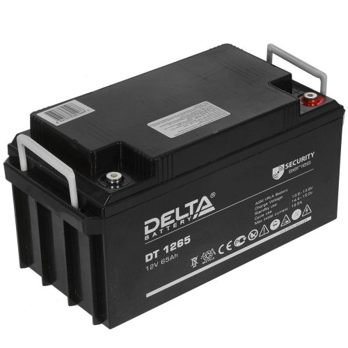 Батарея DELTA серия DT, DT 1265, напряжение 12В, емкость 65Ач (разряд 20 часов),  макс. ток разряда (5 сек.) 650А, макс. ток заряда 19.5А, свинцово-кислотная типа AGM, клеммы под болт М6, ДxШxВ 350х167х174мм., вес 21кг., срок службы 7-10 лет./ Battery DEL