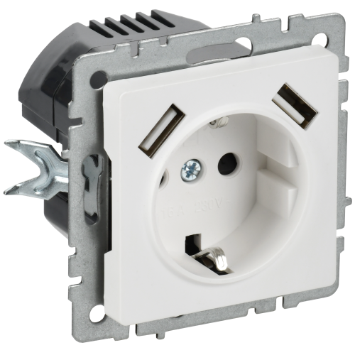 BRITE Розетка 1-местная с заземлением с защитными шторками 16А с USB A+A 5В 3,1А РЮш10-2-БрАБ арктический белый IEK