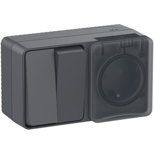 ATLASDESIGN PROFI IP54 О/У БЛОК: РОЗЕТКА с заземл. со шт., 16А, ВЫКЛЮЧАТЕЛЬ 2-клав., 10АХ, АНТРАЦИТ