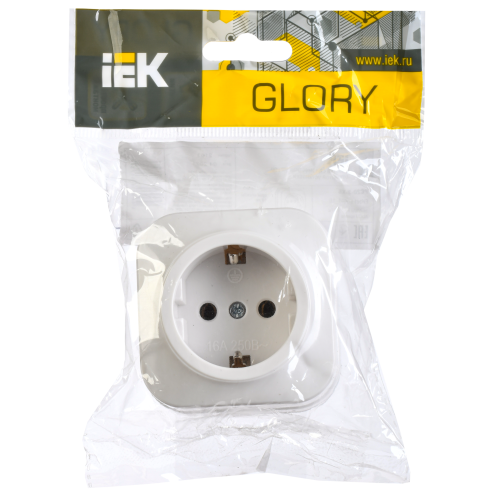 GLORY Розетка 1-местная для открытой установки с заземлением без защитных шторок 16А РС20-3-ХБ белый IEK GLORY Розетка 1-местная для открытой установки с заземлением без защитных шторок 16А РС20-3-ХБ белый IEK