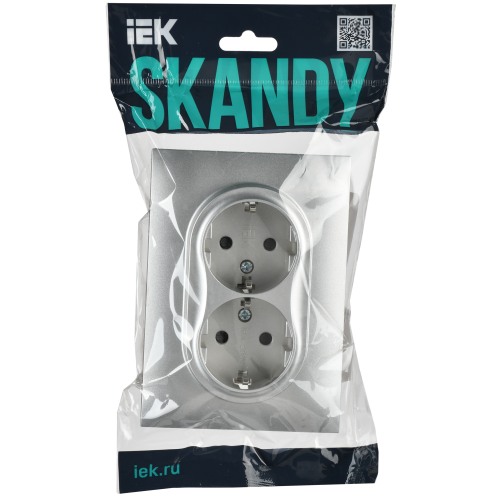 SKANDY Розетка 2-местная с заземлением с защитными шторками 16А в сборе SK-R07S серебряный IEK