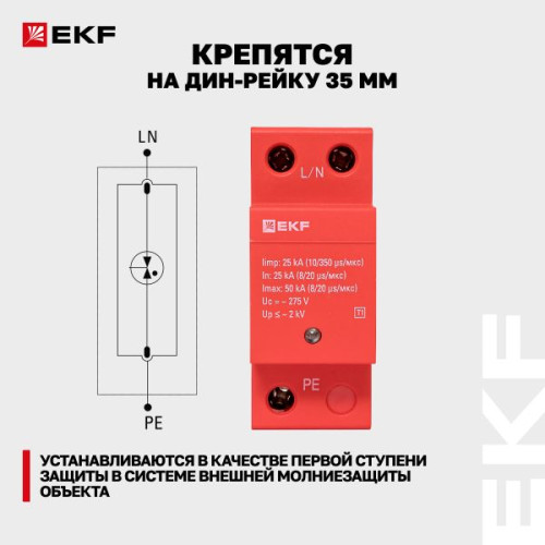 УЗИП Класс 1 Iimp 25kA (10/350μs) 1P EKF УЗИП Класс 1 Iimp 25kA (10/350μs) 1P EKF