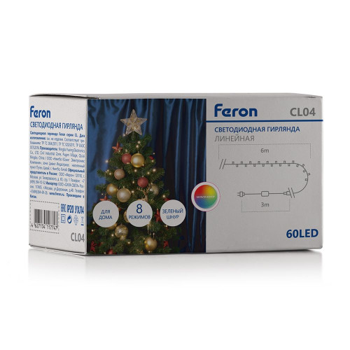 Светодиодная гирлянда Feron CL04 линейная 6м +3м 230V мультиколор, c питанием от сети, контроллером, зеленый шнур Светодиодная гирлянда Feron CL04 линейная 6м +3м 230V мультиколор, c питанием от сети, контроллером, зеленый шнур