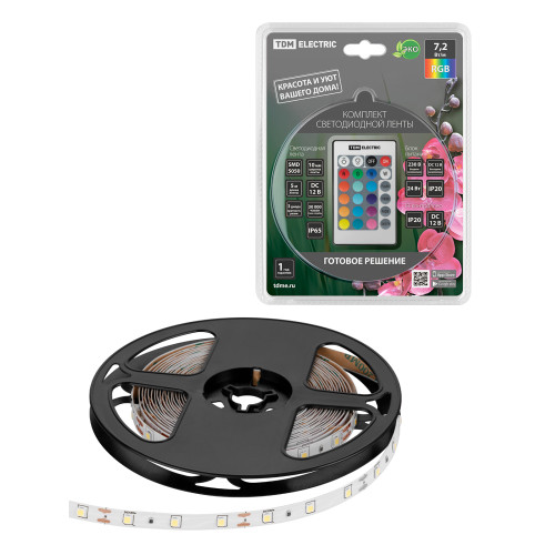 Комплект светодиодной ленты SMD5050-30 LED/м-12 В-7,2 Вт/м-IP65-RGB (5 м), 24 Вт, IR-контроллер TDM