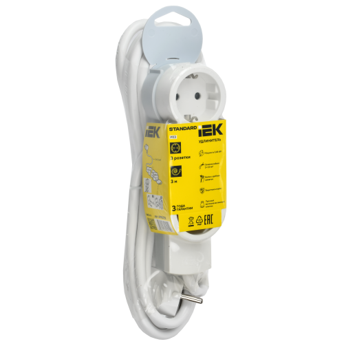 STANDARD Удлинитель У03 3 места 2P+PE 3м 3х1,5мм2 16А белый IEK