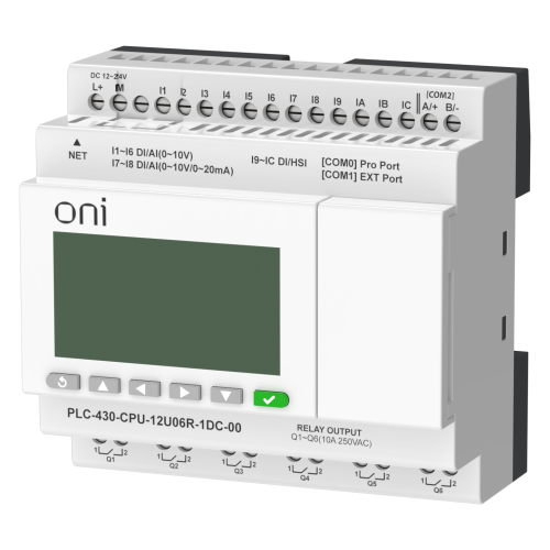 ПЛК 430 Модуль ЦПУ 4 DI 6 UI (0-10 В/DI) 2 UI (0-10 В/0-20 мА/DI) 6 RO 24В DC с Ethernet портом с экраном ONI ПЛК 430 Модуль ЦПУ 4 DI 6 UI (0-10 В/DI) 2 UI (0-10 В/0-20 мА/DI) 6 RO 24В DC с Ethernet портом с экраном ONI