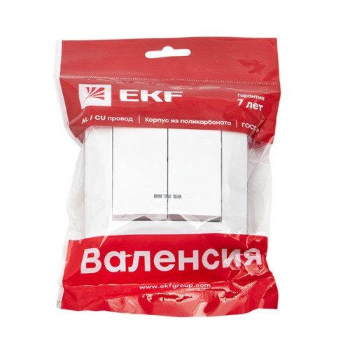 Валенсия выключатель 2-кл. 10А белый с индикатором EKF Валенсия выключатель 2-кл. 10А белый с индикатором EKF