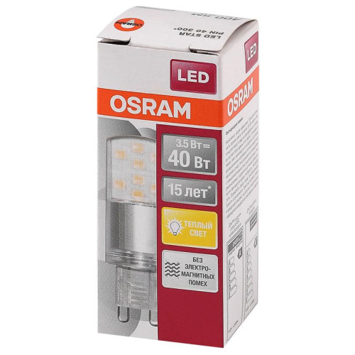 Лампа светодиодная LED STAR PIN40 3.5W/827 (замена 40Вт) 3.5Вт 2700К тепл. бел. G9 400лм 220-240В прозр. пласт. OSRAM 4058075315822 Лампа светодиодная LED STAR PIN40 3.5W/827 (замена 40Вт) 3.5Вт 2700К тепл. бел. G9 400лм 220-240В прозр. пласт. OSRAM 4058075315822
