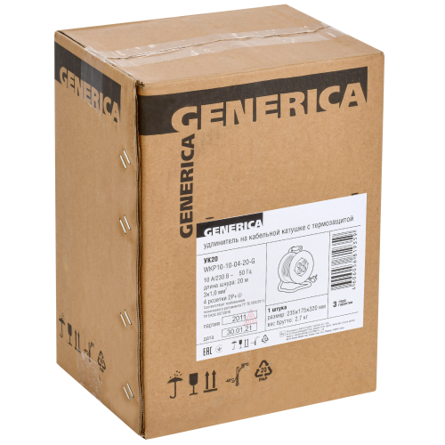 Катушка УК20 с термозащитой 4 места 2P+PE/20м 3х1,0мм2 GENERICA