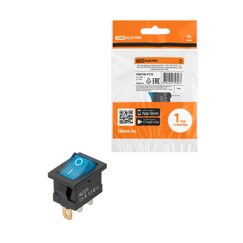 Выключатель клавишный KCD1-101N 12В AC/DC, 1P, 15А, (3с), ON-OFF, черный корпус, синяя клавиша с LED подсветкой, Mini TDM