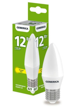Лампа светодиодная C35 12Вт свеча 3000К E27 230В GENERICA LL-C35-12-230-30-E27-G
