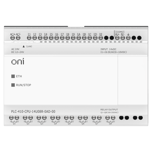ПЛК 410 Модуль ЦПУ 8 DI 6 UI (0-10 В/DI) 8 RO 12В-24В DC или 24В AC с Ethernet портом без экрана ONI ПЛК 410 Модуль ЦПУ 8 DI 6 UI (0-10 В/DI) 8 RO 12В-24В DC или 24В AC с Ethernet портом без экрана ONI