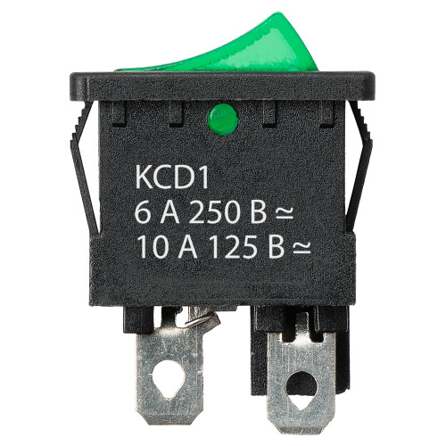 Выключатель клавишный KCD1-201N 250В AC/DC, 2P, 6А, (4с), ON-OFF, черный корпус, зеленая клавиша с LED подсветкой, Mini TDM
