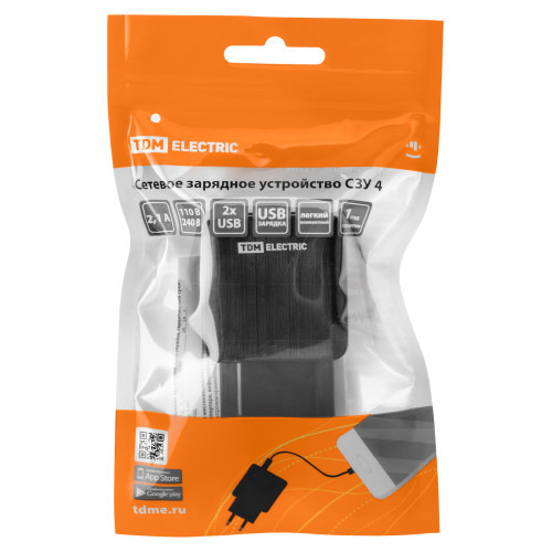 Сетевое зарядное устройство, СЗУ 4, 2,1 А, 2 USB, черный, TDM