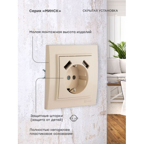 Минск Розетка 1-мест. СП с/з 16А беж. с защ. штор. с 2 USB 2,1А EKF Минск Розетка 1-мест. СП с/з 16А беж. с защ. штор. с 2 USB 2,1А EKF
