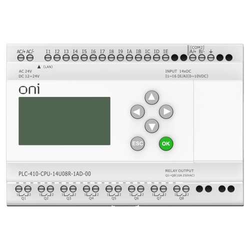 ПЛК 410 Модуль ЦПУ 8 DI 6 UI (0-10 В/DI) 8 RO 12В-24В DC или 24В AC с Ethernet портом с экраном ONI ПЛК 410 Модуль ЦПУ 8 DI 6 UI (0-10 В/DI) 8 RO 12В-24В DC или 24В AC с Ethernet портом с экраном ONI