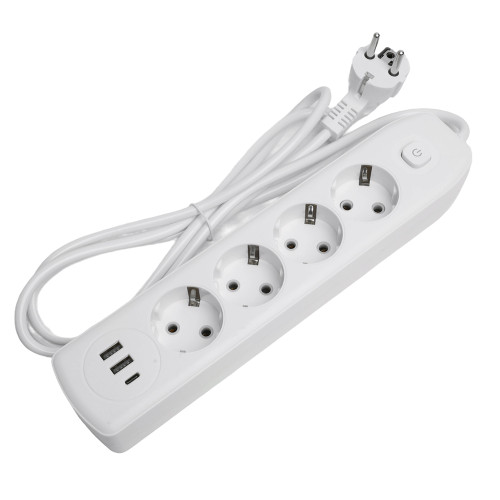 Удлинитель 4-местный c/з 3x1 мм2, 1,8 м, 250В, 10А, 2USB+1Type-C 2,4А, серия Home plus, белый STEKKER HM08-43-02