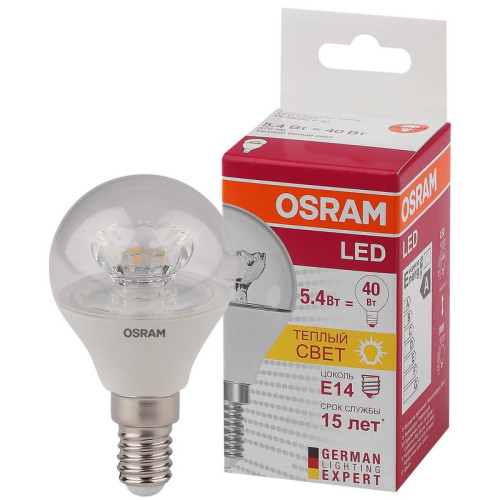 Лампа светодиодная LED STAR CLASSIC P 40 5.4W/830 5.4Вт шар прозрачная 3000К тепл. бел. E14 470лм 220-240В пластик. OSRAM 4052899971622 Лампа светодиодная LED STAR CLASSIC P 40 5.4W/830 5.4Вт шар прозрачная 3000К тепл. бел. E14 470лм 220-240В пластик. OSRAM 4052899971622