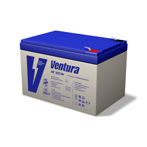 Батарея Ventura серия HR, HR1251W, напряжение  12 В, емкость 12Ач (разряд 20 часов), макс. ток заряда 4А, макс. ток разряда (5 сек.) 195А,  свинцово-кислотная типа AGM,  клеммы  Т2, ДШВ  151x98x101мм, вес 3.57кг/ Ventura battery HR series, HR1251W, voltag