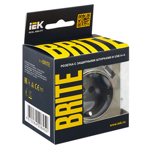 BRITE Розетка 1-местная с заземлением с защитными шторками 16А с USB A+A 5В 2,1А РЮш10-1-БрШ шампань IEK BRITE Розетка 1-местная с заземлением с защитными шторками 16А с USB A+A 5В 2,1А РЮш10-1-БрШ шампань IEK