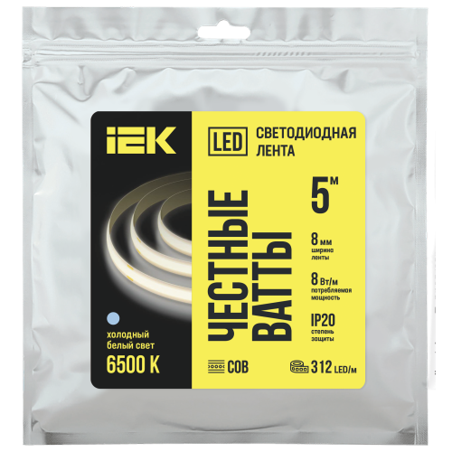 Лента светодиодная 5м COB 312LED/м 8Вт/м IP20 ширина 8мм 24В холодный белый IEK