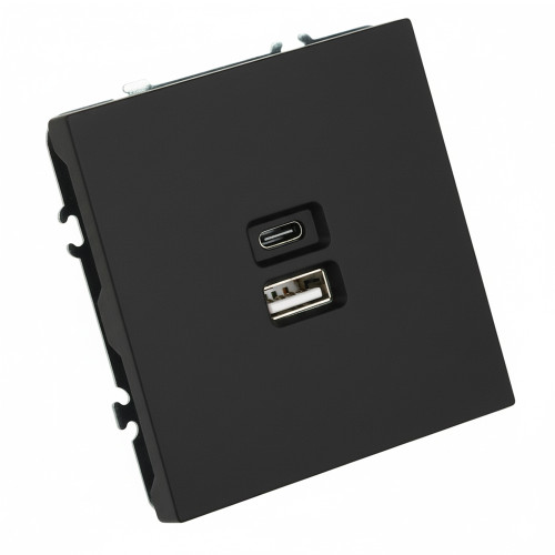 Розетка 2-местная USB + Type C (механизм), STEKKER, 250В, 20W, серия Эмили, RST10-5115-05, черный уголь, soft touch