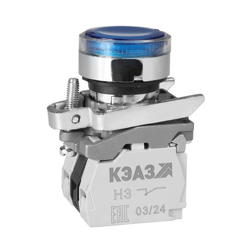 Кнопка КМЕ4611мЛС-24В-синий-1но+1нз-цилиндр-индикатор-IP65-КЭАЗ