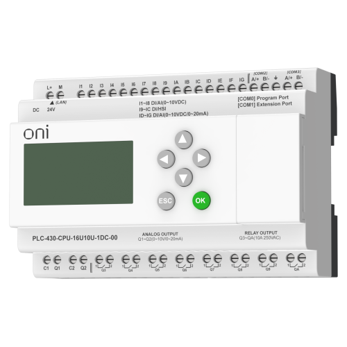 ПЛК 430 Модуль ЦПУ 4 DI 12 UI (0-10 В/DI) 8 RO 2 AO (1 шт 0-10 В и 1 шт 0-20 мА) 24В DC с Ethernet портом с экраном ONI