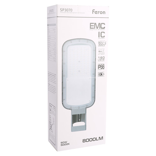 Светодиодный уличный консольный светильник Feron SP3070 50W 5000K AC90-300V, серый Светодиодный уличный консольный светильник Feron SP3070 50W 5000K AC90-300V, серый