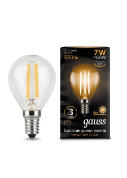 Лампа светодиодная филаментная Black Filament 7Вт P45 шар 2700К тепл. бел. E14 550лм GAUSS 105801107