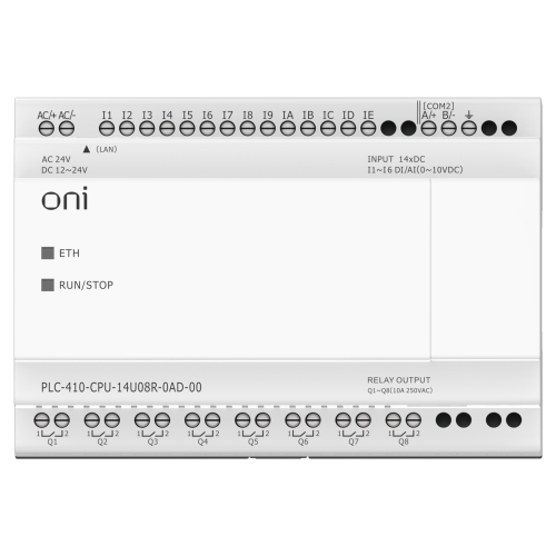 ПЛК 410 Модуль ЦПУ 8 DI 6 UI (0-10 В/DI) 8 RO 12В-24В DC или 24В AC с Ethernet портом без экрана ONI ПЛК 410 Модуль ЦПУ 8 DI 6 UI (0-10 В/DI) 8 RO 12В-24В DC или 24В AC с Ethernet портом без экрана ONI