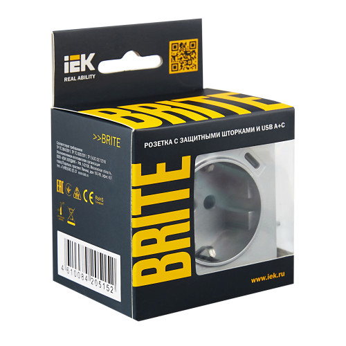 BRITE Розетка 1-местная с заземлением с защитными шторками 16А с USB A+C 18Вт РЮш11-1-БрА алюминий IEK