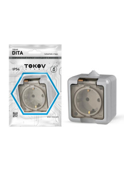 Розетка 1-м ОП Dita 16А IP54 250В с заземл. с прозр. крышкой сер. TOKOV ELECTRIC TKL-DT-R1Z-C06T-IP54