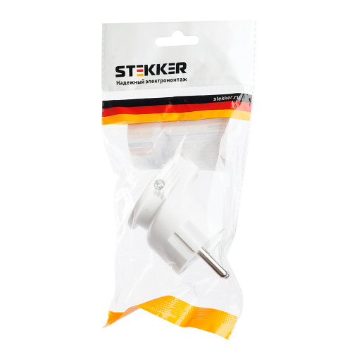 Вилка угловая с/з STEKKER, PPG16-46-202, пластик, 250В, 16A, IP20, белый